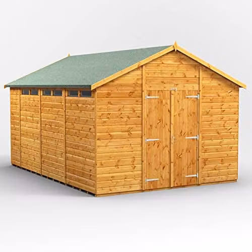 Powersheds Premium Apex Wooden Security Shed in Natural Brown with Double Doors and Toughened Glass Windows