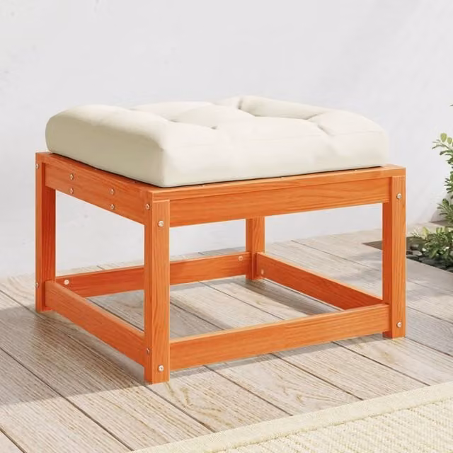 Berkfield Home Rustic Waxed Brown Solid Pine Garden Footstool with Cushions