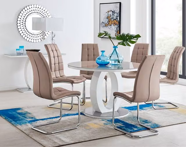 FurnitureboxUK Giovani Round Dining Set with 4 Murano Chairs, Grey and Beige, Diameter: 120 cm