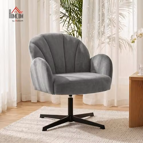 HOMCOM Grey Velvet-Feel Swivel Accent Chair with Armrests – 2