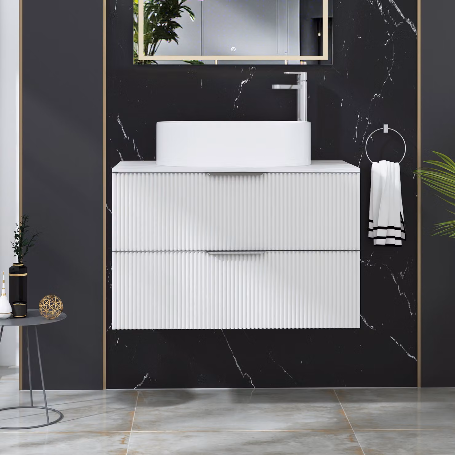 Royal Bathrooms Evora Matt White Fluted Wall Hung Vanity Unit with 2 Drawers and Peak Basin, Width: 80 cm