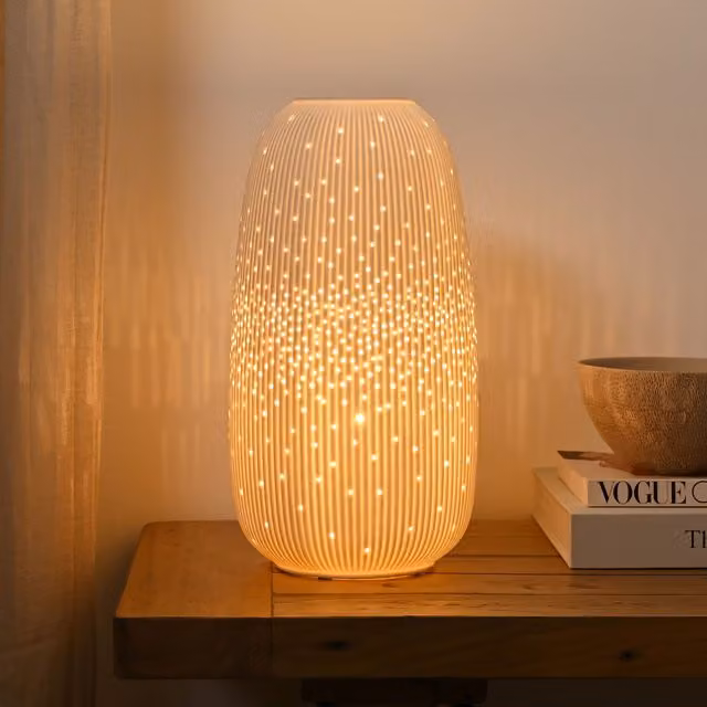 Hestia White Tall Ribbed Ceramic and Glass Tabletop Lamp