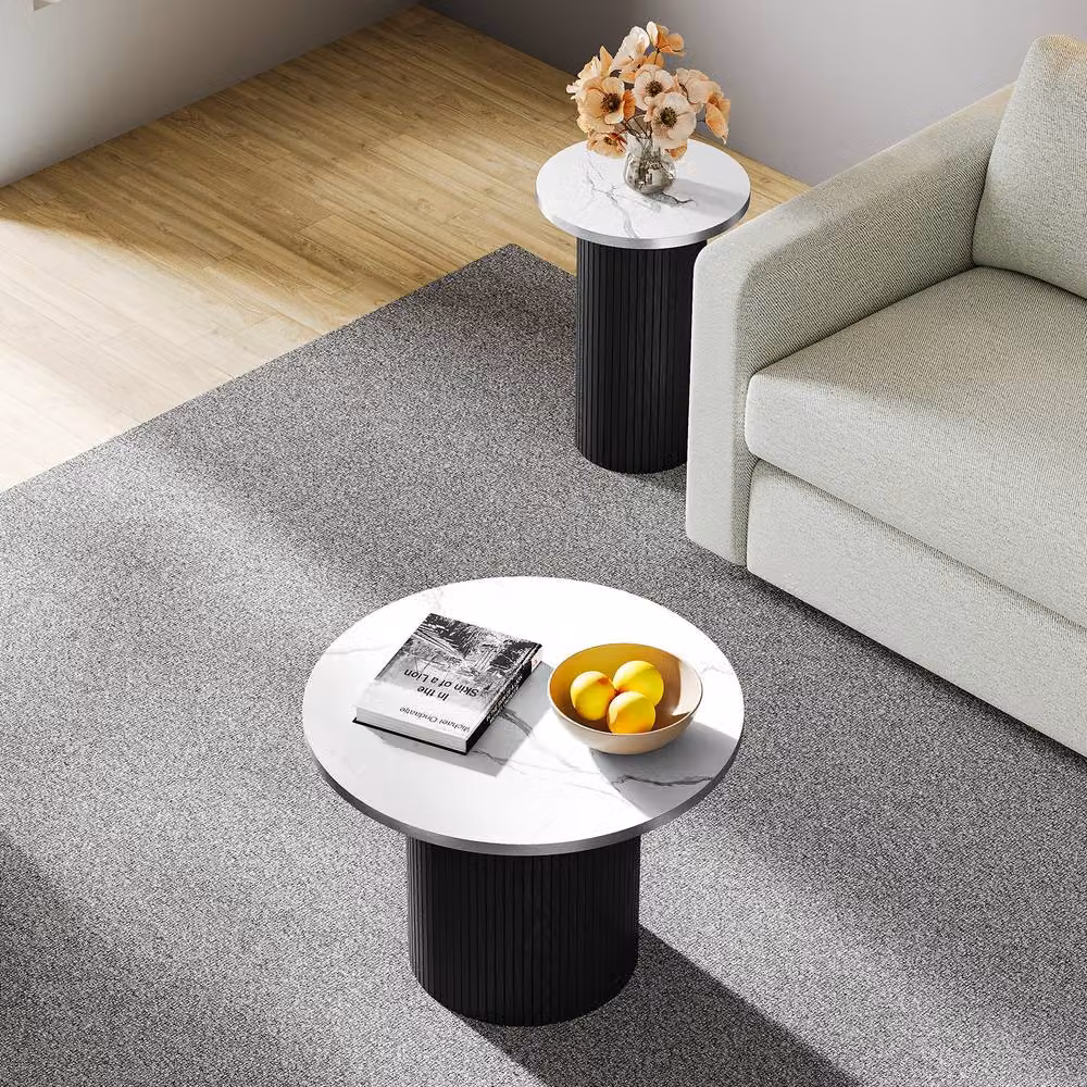 Dprodo Set of 2 Modern Round Black Marble Coffee Tables with Nested Tops – 3