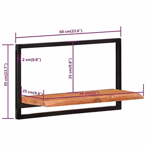vidaXL Set of 2 Industrial Wall Shelves in Brown Acacia Wood and Steel, W/D/H: 60 x 25 x 35 cm – 2