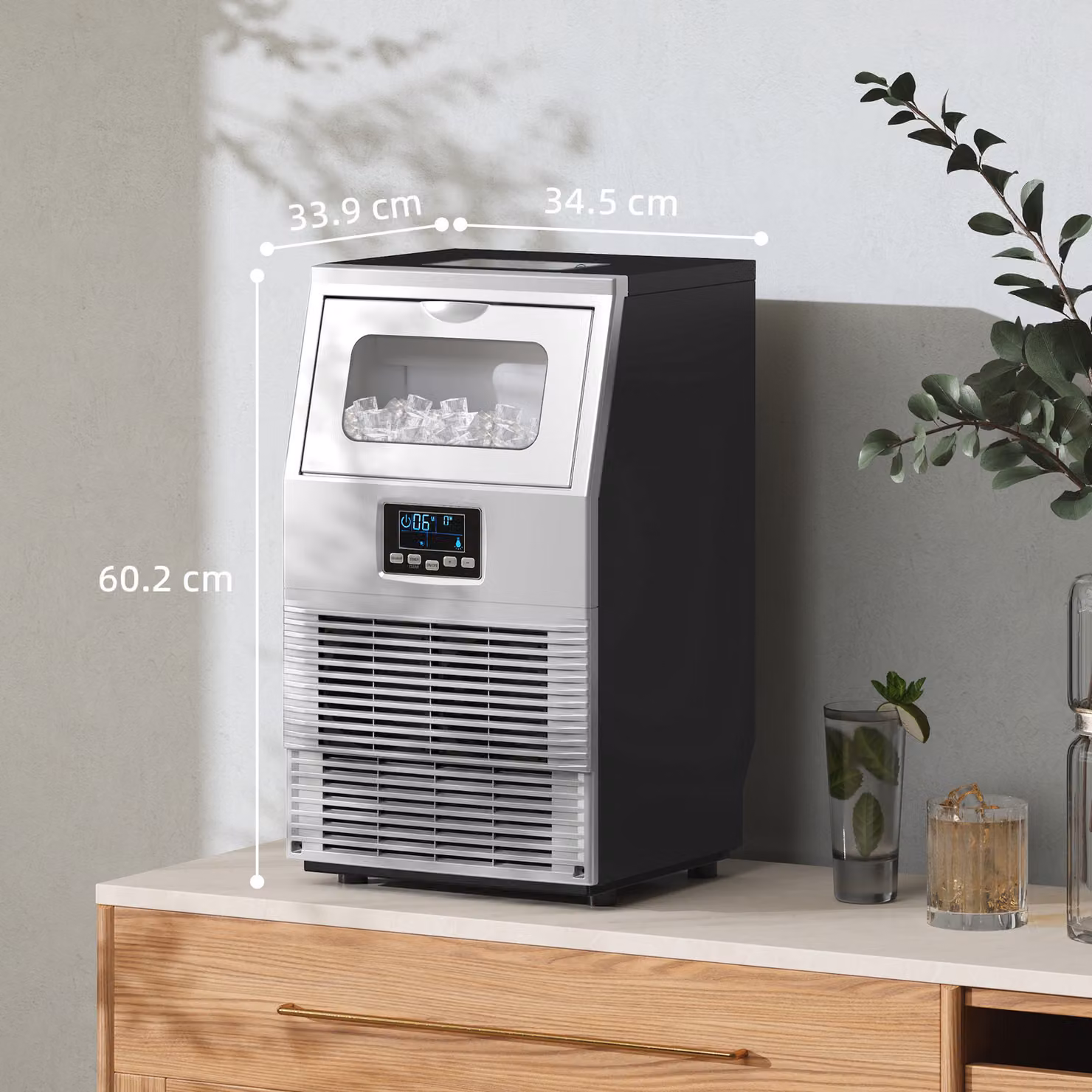HOMCOM Commercial Ice Maker Machine in Silver and Transparent with Digital Control, Stainless Steel Design, Ice Scoop and 4kg Storage Capacity producing 30kg per 24 Hours – 3