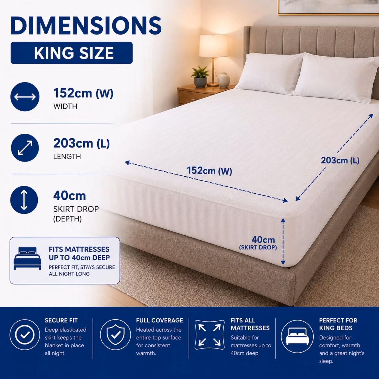 Sweet Dreams Electric Heated Fitted Mattress Cover, King Size, White, W/D/H: 180 x 200 cm – 2