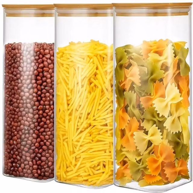 Pawnora Airtight Glass Storage Jars with Bamboo Lids, Clear, 1600ml (Set of 3)