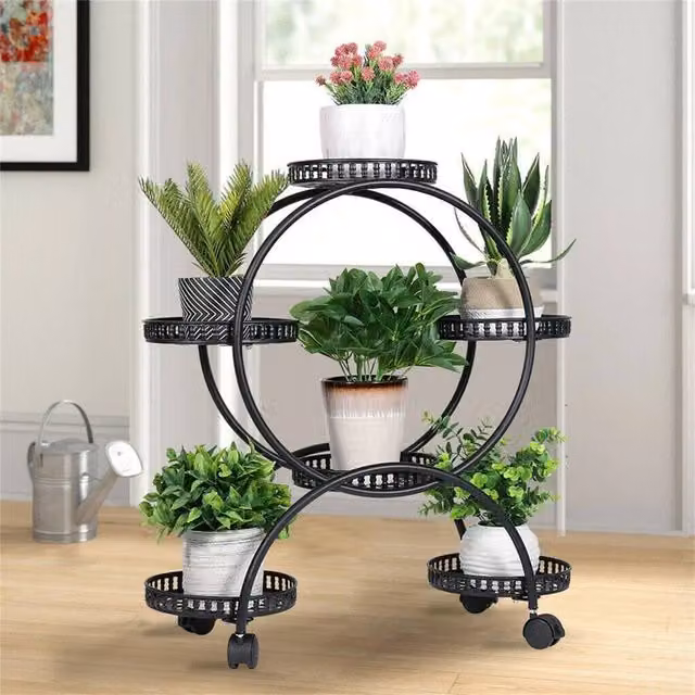 EONLION Tall Metal 6 Pot Flower Shelf Stand Planter in Matt Black – 1