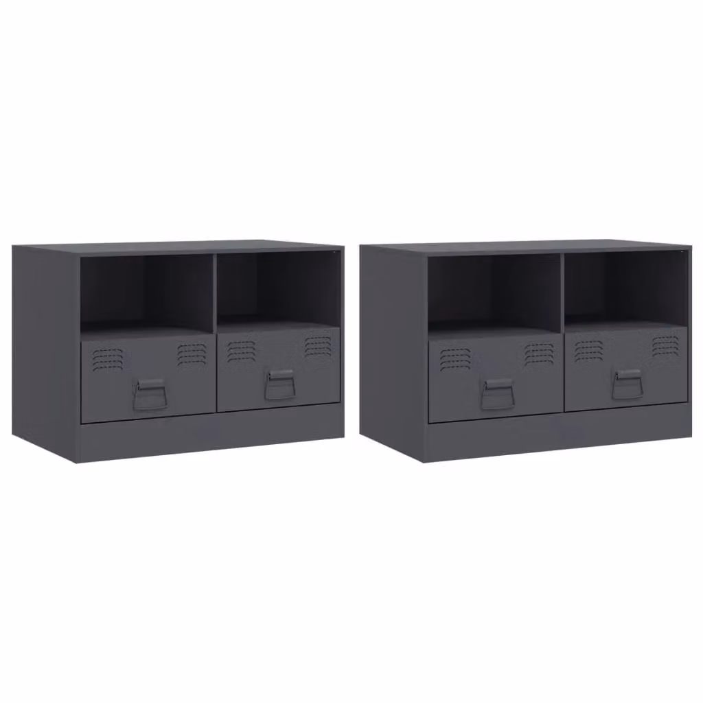 Berkfield Home Set of 2 Anthracite Industrial TV Cabinets with Metal and Rattan Details, W/D/H: 67 x 39 x 44 cm – 2