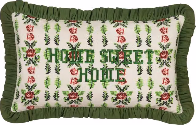 Feeoni Home Sweet Home Embroidered Cotton Floral Cushion in Willow Green