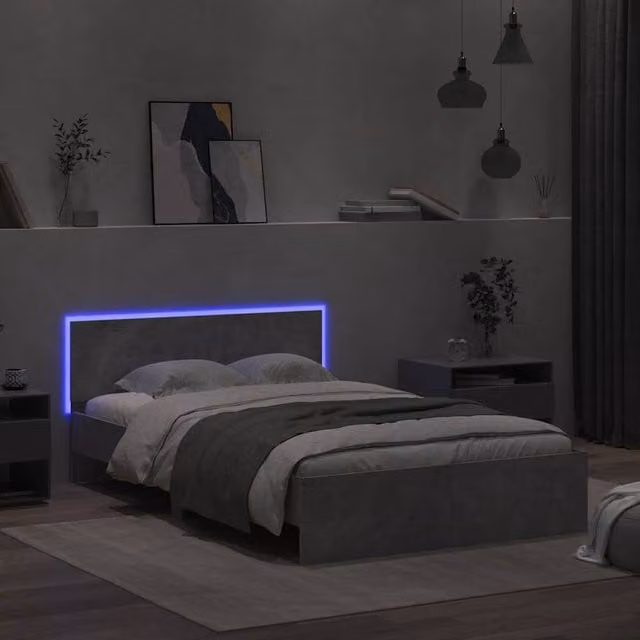 Berkfield Home Durable Bed Frame with Headboard, LED Under-Bed Lighting and Lift-Up Base, Grey, W/D/H: 140 x 190 x 70 cm