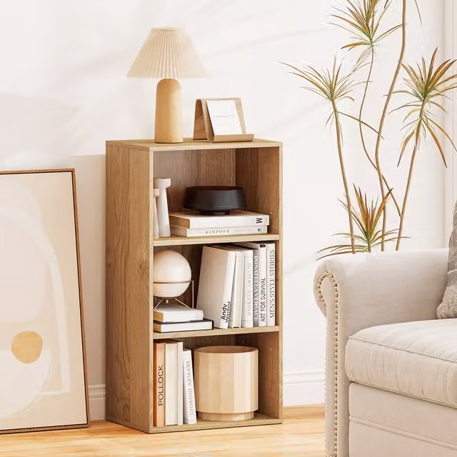 COSTWAY Minimalist Freestanding Open Cube Bookshelf with Adjustable Shelves and Back Panel in Brown and Beige Wood
