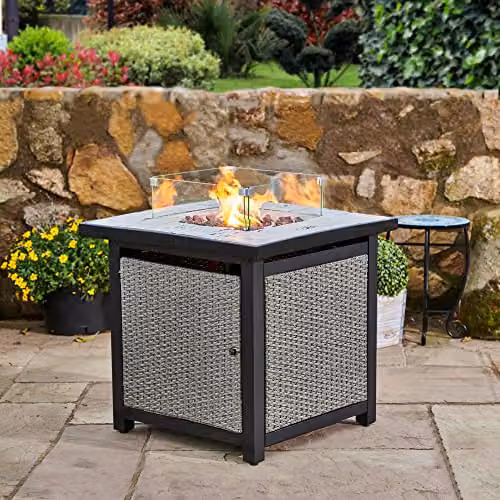 Teamson Home Outdoor Rattan Propane Gas Fire Pit Table with Glass Screen and Lava Rocks in Grey and Brown – 3