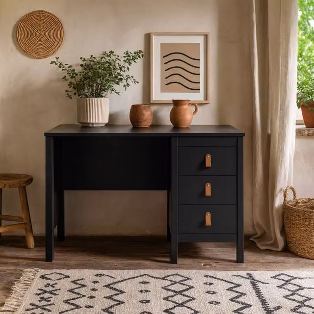 Wyld Haus Wildberry Modern Writing Desk in Matt Black with 3 Drawers and Leather Handles, W/D/H: 120.4 x 48.0 x 76.5 cm