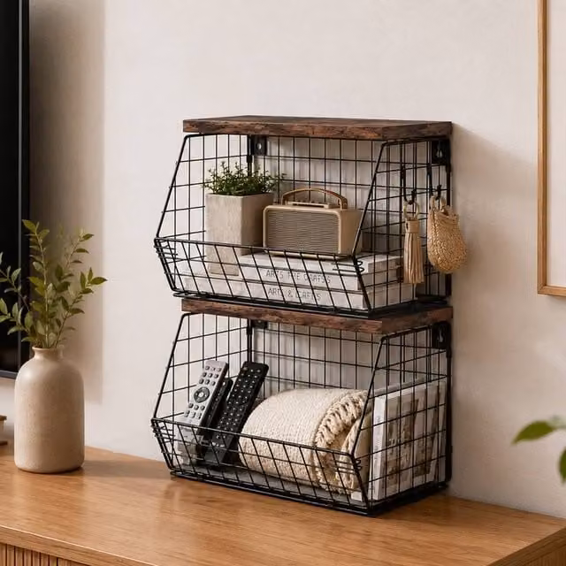 Toque Black Stackable Wire Fruit Basket with Wood Top and Wall Mount