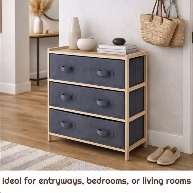 VOGREX 3 Drawer Grey Canvas Storage Unit with Pine Wood Frame