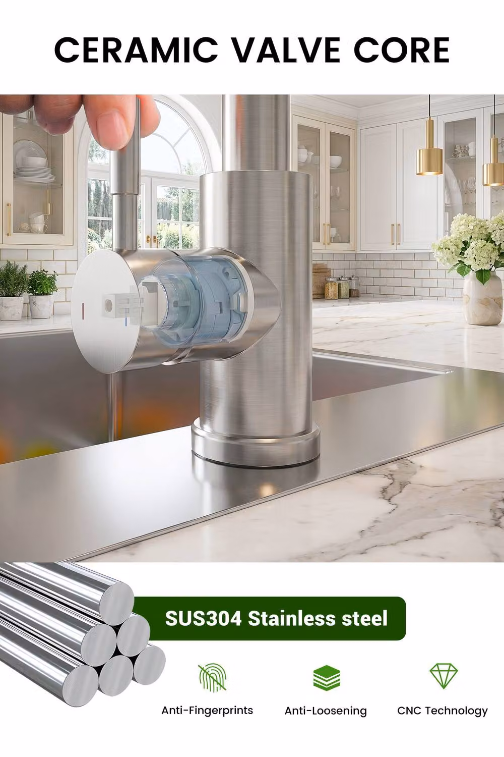 JANLEMNY Brushed Stainless Steel Kitchen Mixer Tap with Pull-Out Spray and 360 Degree Swivel in Silver, W/D/H: 100 x 40 x 17 cm – 3
