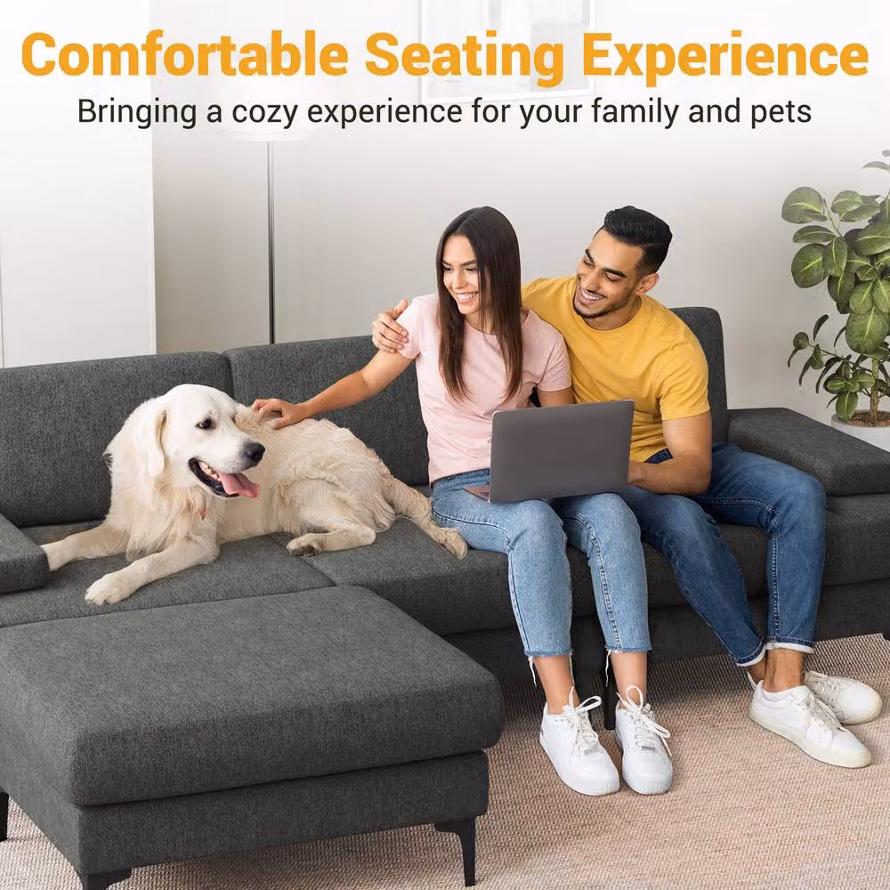 Dprodo 4 Seater L-Shape Corner Sofa Set in Dark Grey Chenille Fabric – 4