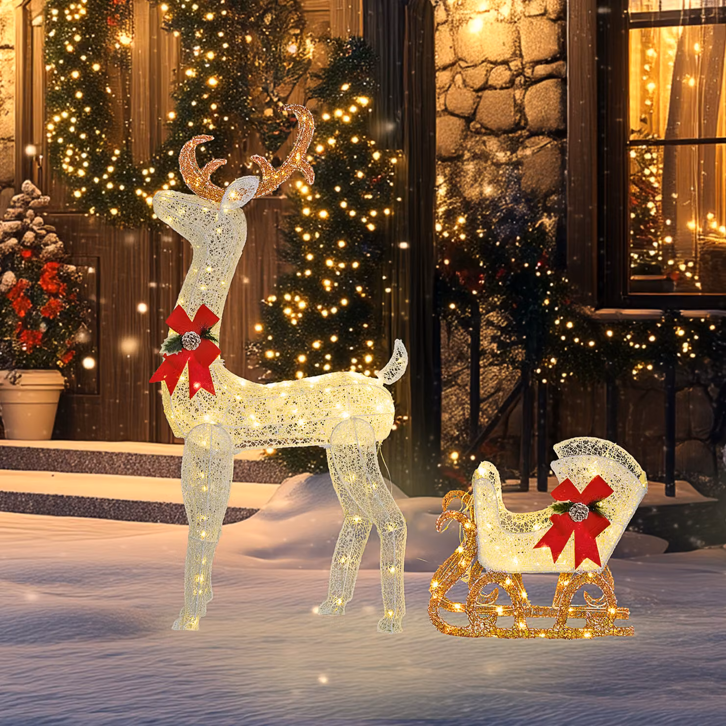 Outsunny White Metal 170 LED Light Reindeer and Sleigh Christmas Decoration – 2