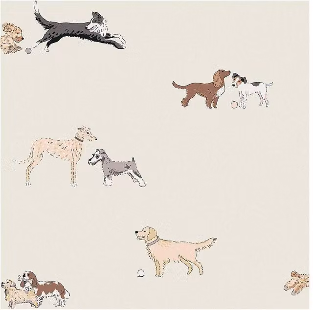 Sophie Allport Doggy Daycare Off-White Animal Print Wallpaper in White and Multicolour, W: 52 cm, H: 1000 cm