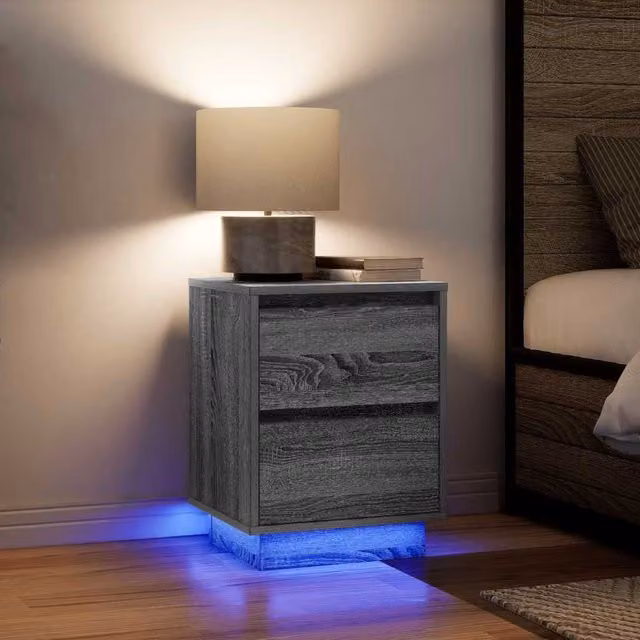Berkfield Home Set of 2 Grey Sonoma Bedside Cabinets with Integrated LED Lights, W/D/H: 38 x 34 x 50 cm