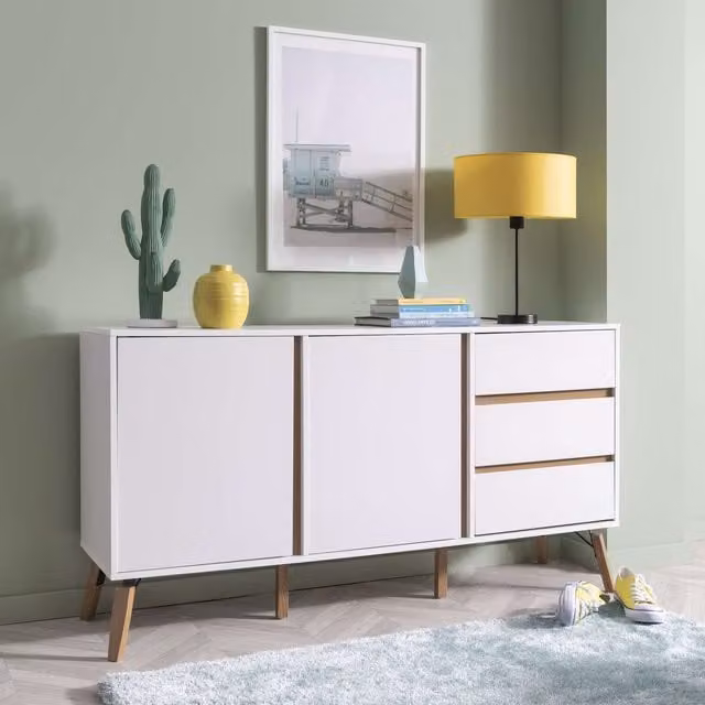 Otto Mid-Century Style 2 Door 3 Drawer Large Sideboard in White and Grey