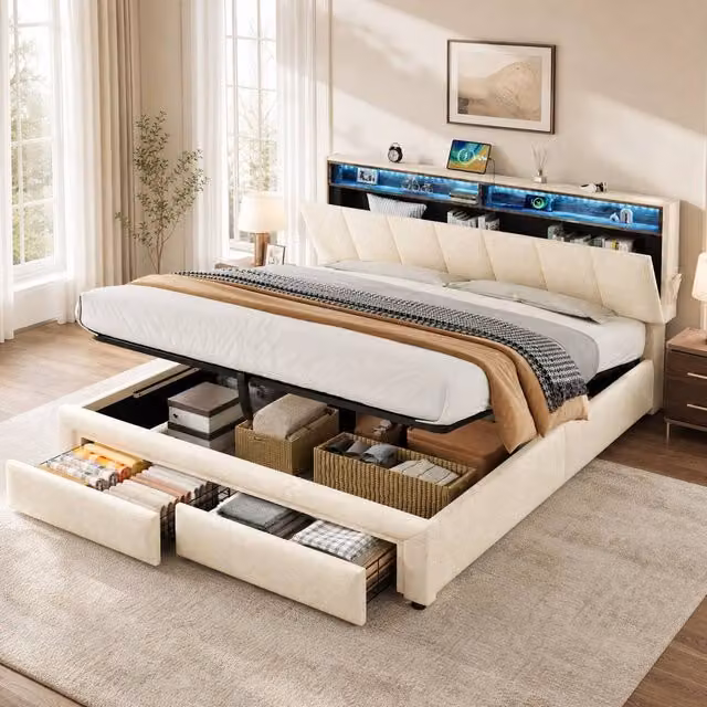 STILVORA Modern Upholstered King Ottoman Bed in Beige with LED Under-Bed Lighting, USB Charging Port and Lift-Up Storage, W/D/H: 180 x 200 cm