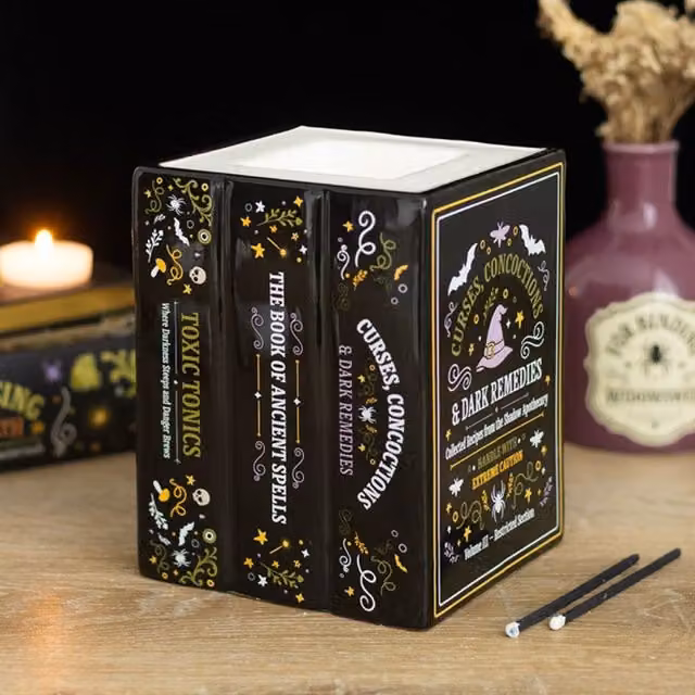 KDMK Witch Spell Book Ceramic Oil Burner and Wax Warmer with Tealight Holder, Black