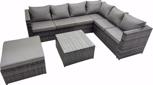 Fimous 7-Seater L-Shaped PE Rattan Outdoor Sofa Set with Matching Ottoman and Square Tempered Glass Coffee Table in Dark Grey Anthracite