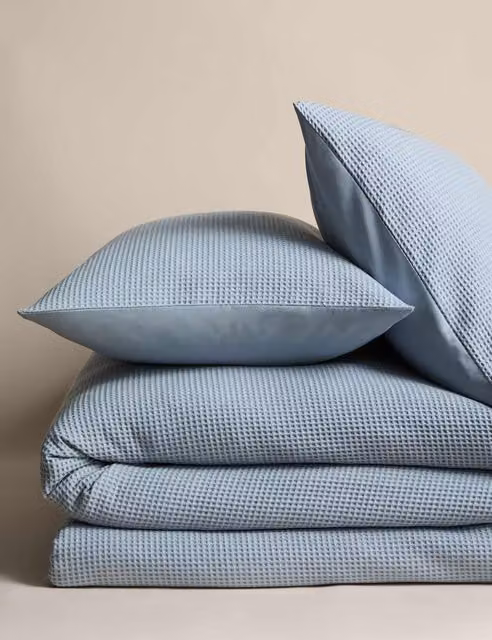 M&S Single 3 ft Washed Cotton Waffle Bedding Set in Dusty Blue