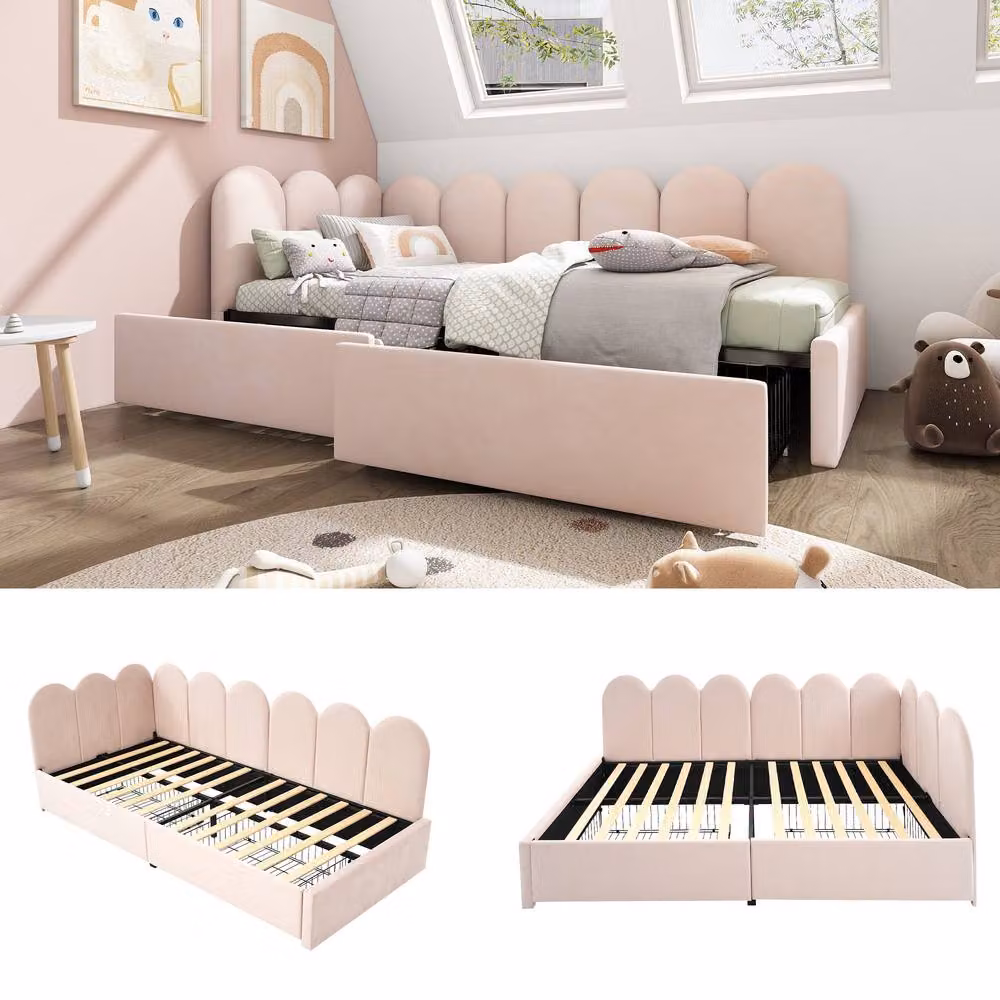 BTM Pink Velvet 3FT Daybed with Storage Drawers and Slatted Frame, W/D/H: 90 x 190 cm – 2
