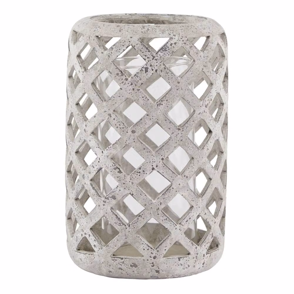 Wyld Haus Large Grey Stone Effect Ceramic and Glass Tabletop Hurricane Lantern – 2
