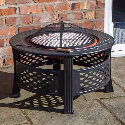 Samuel ALEXANDER Copper Effect Round Garden Fire Pit BBQ Grill and Log Burner with Warming Rack, Diameter: 205.74 cm, Height: 45 cm