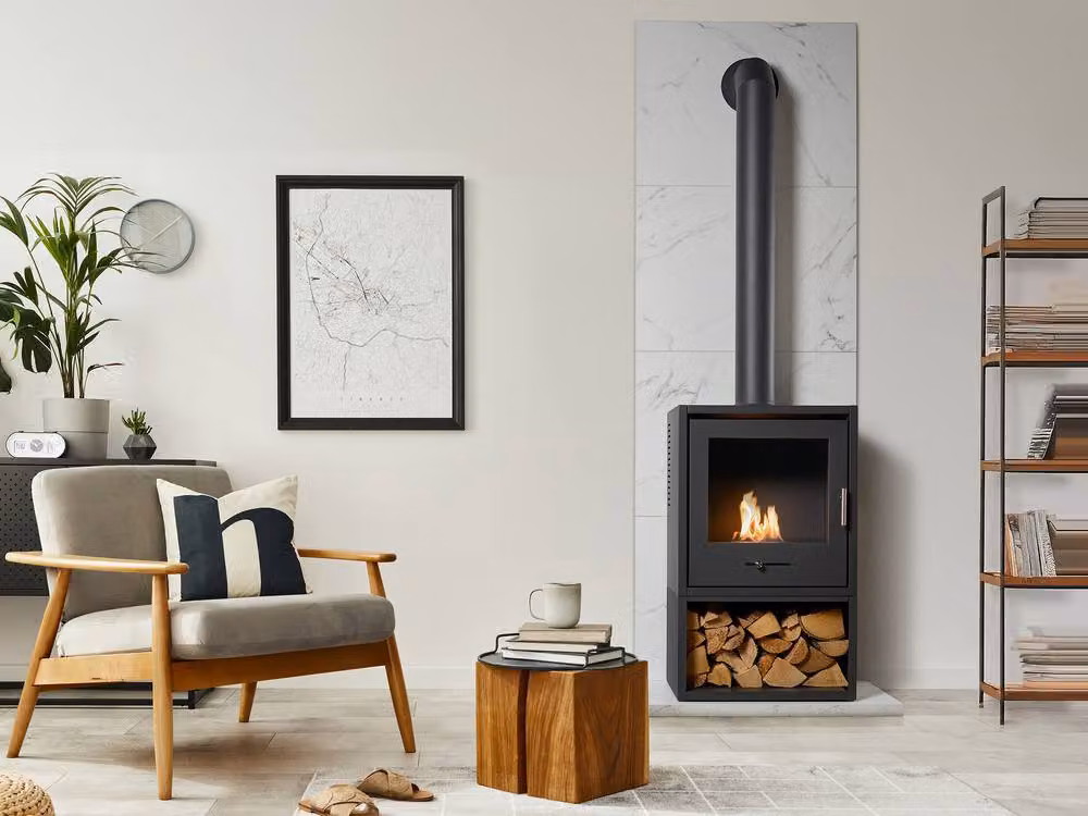 OKO Bio Ethanol Fire Tile Hearth in White Marble Effect with S3 Stove, Store and Extra Tall Pipe – 2