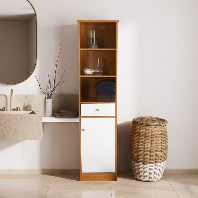 Orsina Modern Oak Effect Floor Standing Storage Cabinet in Brown with Doors and Open Shelves, H 160 x W 40 x D 38 cm