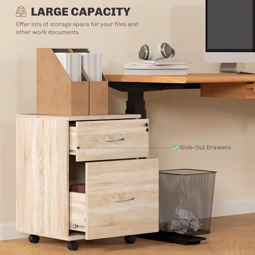 HOMCOM 2 Drawer Lockable Mobile Office Filing Cabinet in Oak Wood Grain, Brown – 3