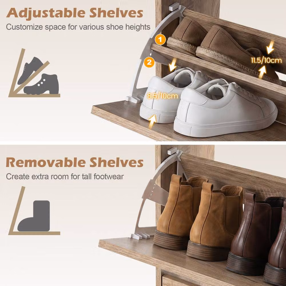 Gymax Modern Rattan Shoe Storage Cabinet in Beige and Brown with Tilting Compartments and Internal Shelves – 5
