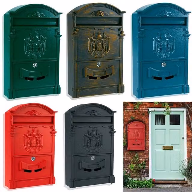 NESTLUNE Red Vintage Outdoor Lockable Wall Mounted Letter Box, H 41.0 cm x W 25.0 cm x D 7.5 cm – 1