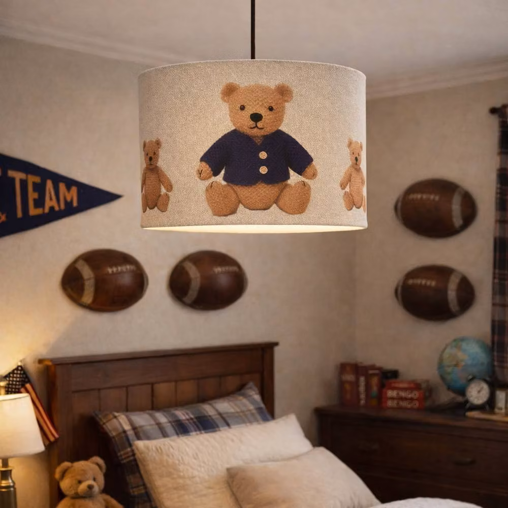 CGC Lighting Blake Round Drum Childrens Fabric Lampshade in Blue and Beige, Diameter: 30 cm – 6