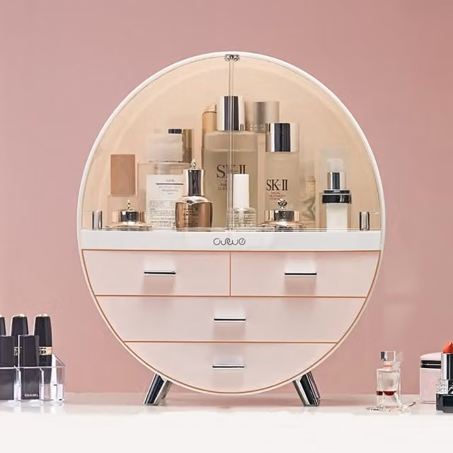 Livingandhome Pink and Transparent Plastic Makeup Organiser with Lid, Width: 40 cm