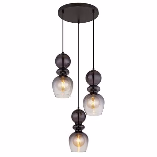 Globo Lighting Modern Suspended Pendant Light for Dining Rooms with Smoky Grey Glass and Black Metal Finish, 3 x E27 Bulbs