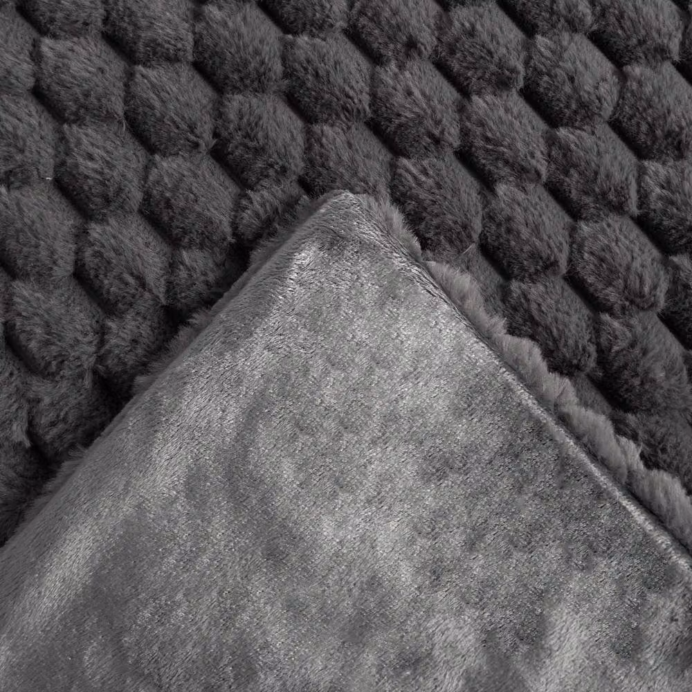 OHS Thick Waffle Faux Fur Soft Fleece Throw Blanket in Grey, W: 160 cm, L: 200 cm – 3