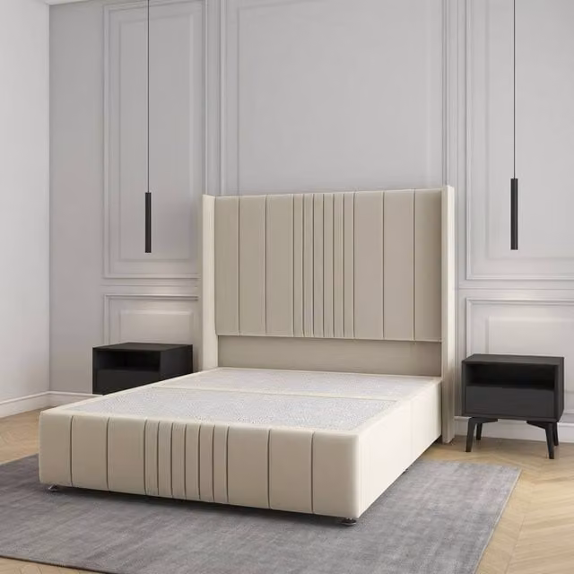 Regional Furnishings Super King Upholstered Velvet Divan Bed with 54 inch Headboard and 12 inch Footboard in Beige, W/D/H: 200 x 165 x 137 cm