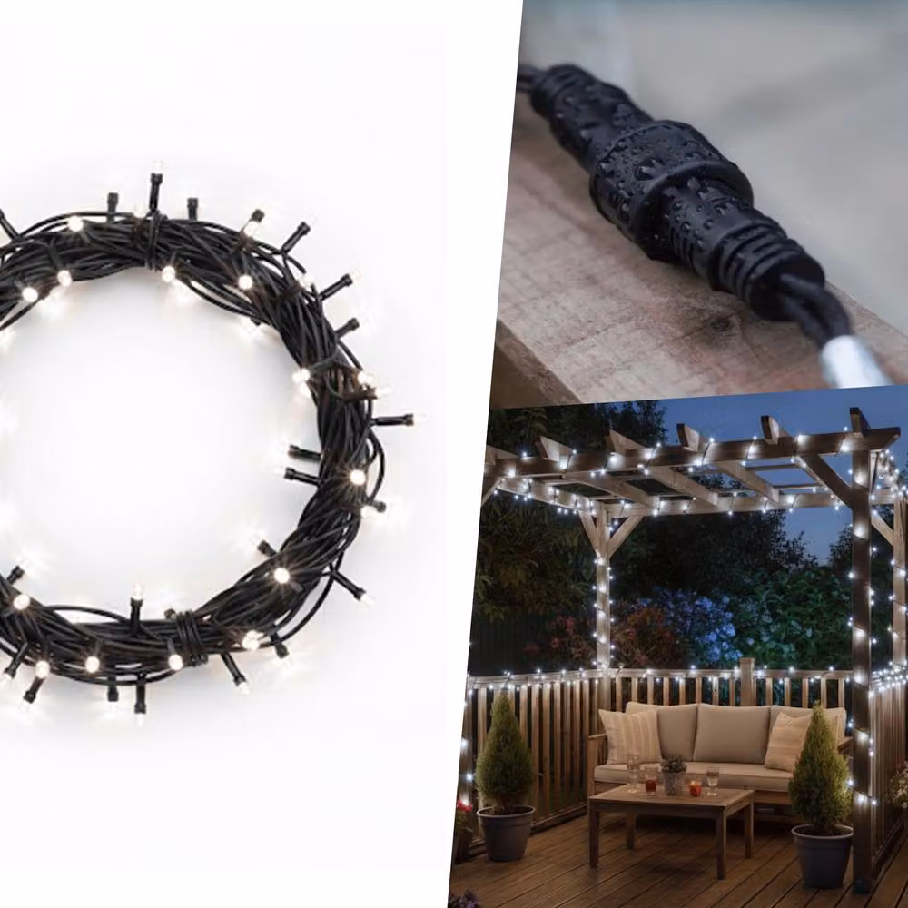Pegdev Cool White LED String Lights with Black Rubber Cable, IP65 Waterproof, 15m – 3