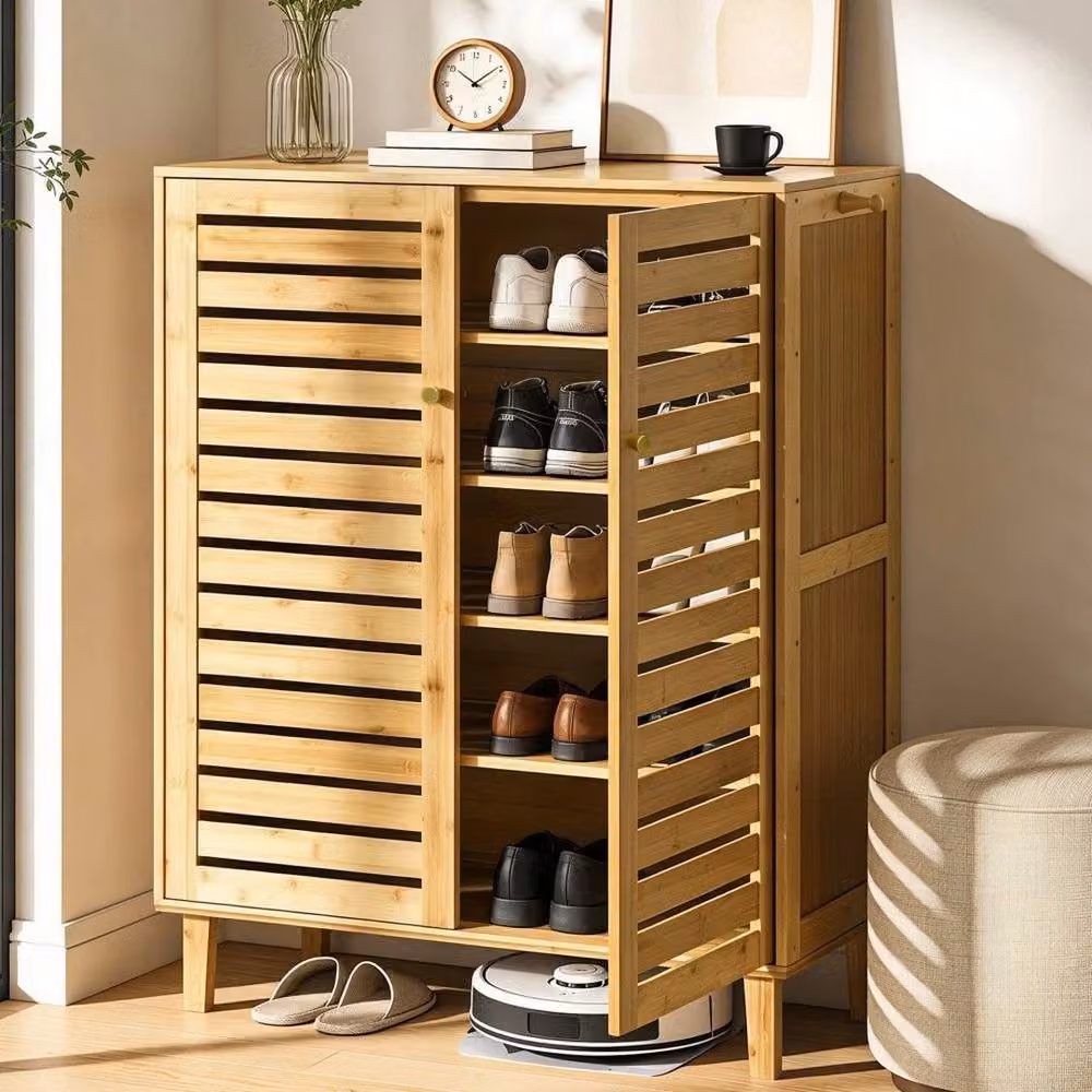 Hinsinc 6-Tier Wooden Shoe Cabinet Storage with Hinged Doors in Natural Brown – 4