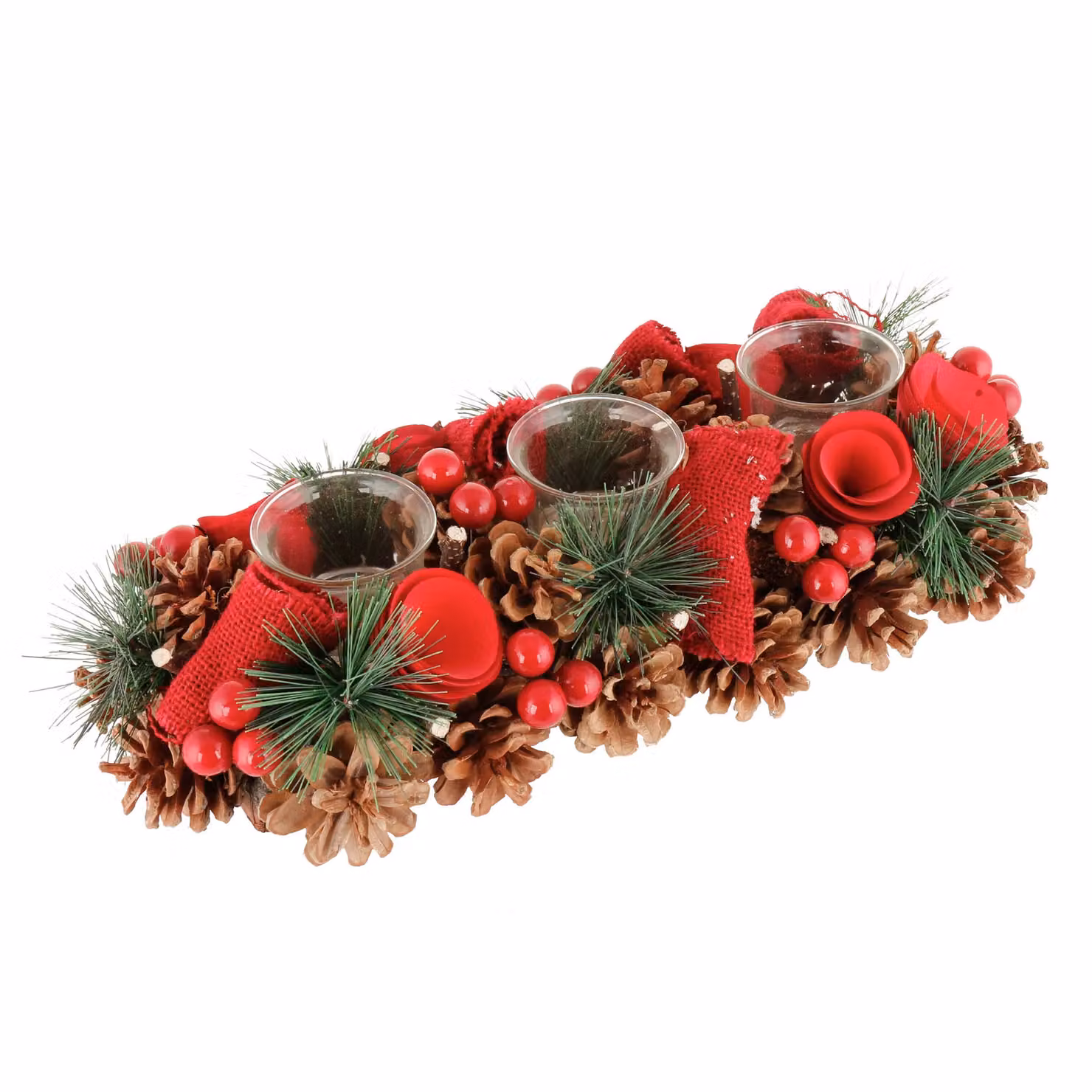 Dibor Winter Red Rose Trio Tealight Christmas Centrepiece, Height: 37 cm – 2