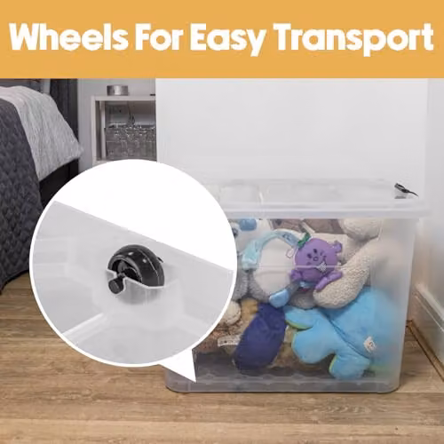 JVL Set of 4 Plastic Secure Clip Lidded Storage Boxes with Wheels, Stackable and Nestable, Clear, 60L – 2