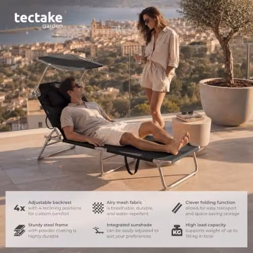 tectake Folding Sun Lounger in Black with Sun Canopy and Adjustable Headrest, W/D/H: 190 x 68 x 111 cm – 4