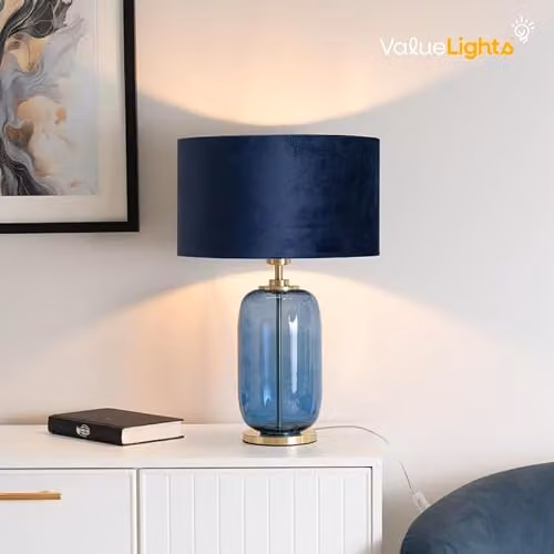 ValueLights Leigh Navy Blue Velvet Drum Shade Table Lamp with Gold Trim and Glass Base, Includes Bulb – 6