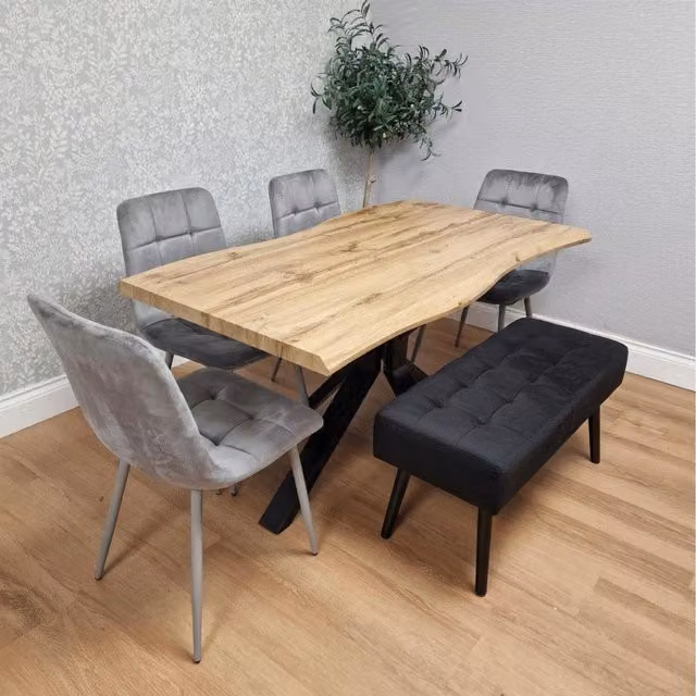 Kosy Koala Modern Dining Set with Rectangular Wooden Table, Velvet Chairs and Benches in Grey, Brown and Black